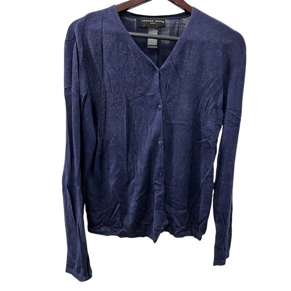 AUGUST SILK navy blue silk luxury button front cardigan sweater sz XL - Picture 1 of 4